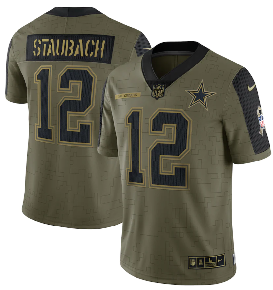 Men's Dallas Cowboys #12 Roger Staubach 2021 Olive Salute To Service Limited Stitched Jersey Men's Dallas Cowboys #12 Roger Staubach 2021 Olive Salute To Service Limited Stitched Jersey